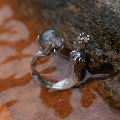 925 Silver Soul Guardian Crown Ring with Phantom Quartz | Handmade Fantasy Jewelry | Symbolic Ring of Protection & Strength