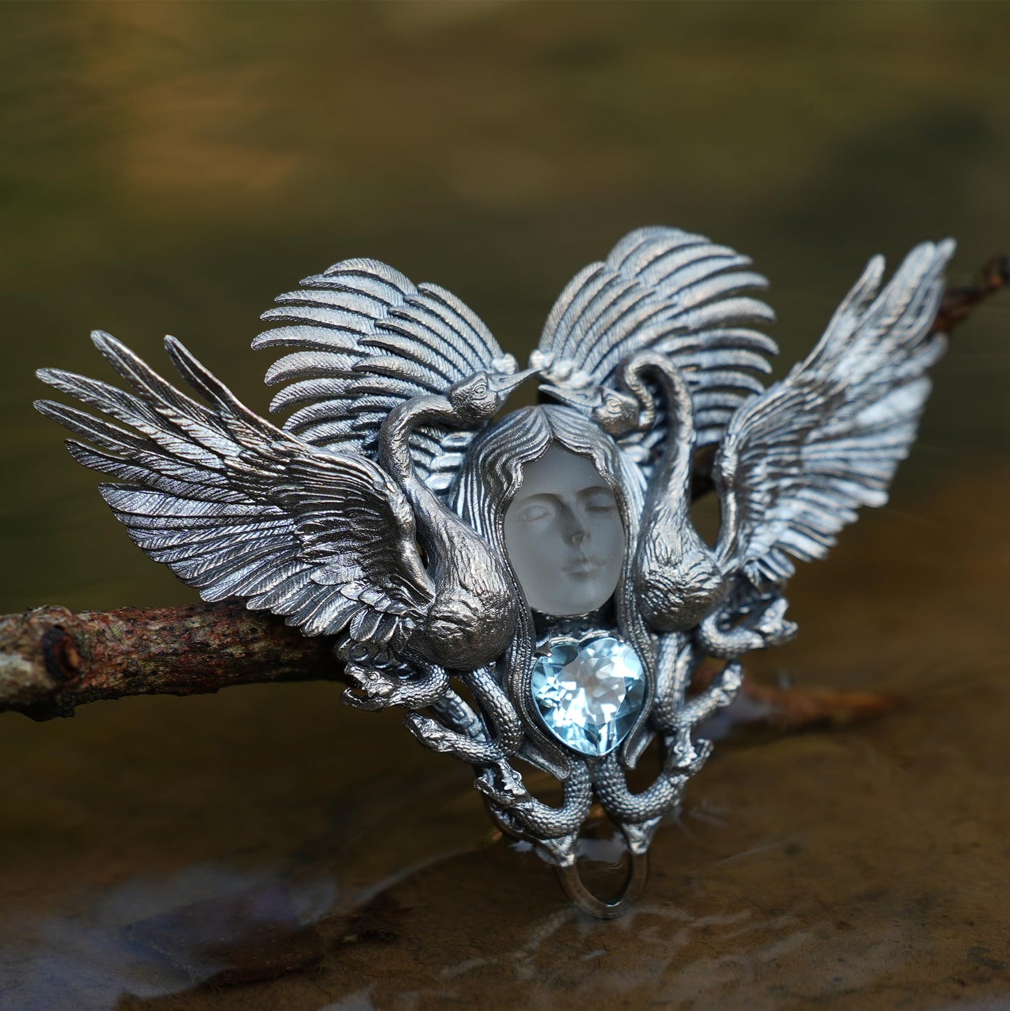 Forest Goddess Pendant | 925 Sterling Silver Handmade Jewelry | White Crystal & Sky Blue Topaz Amulet | Symbol of Purity & Protection