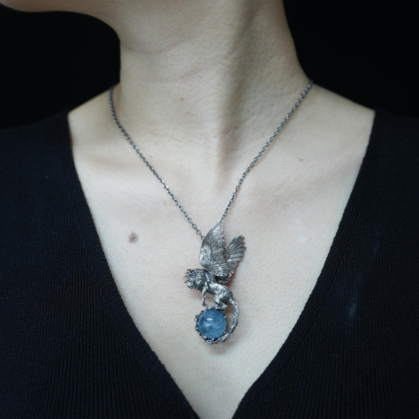 Winged Lion Pendant | 925 Sterling Silver & Aquamarine Necklace | Handmade Spiritual Jewelry of Wisdom & Protection | Gift for Him