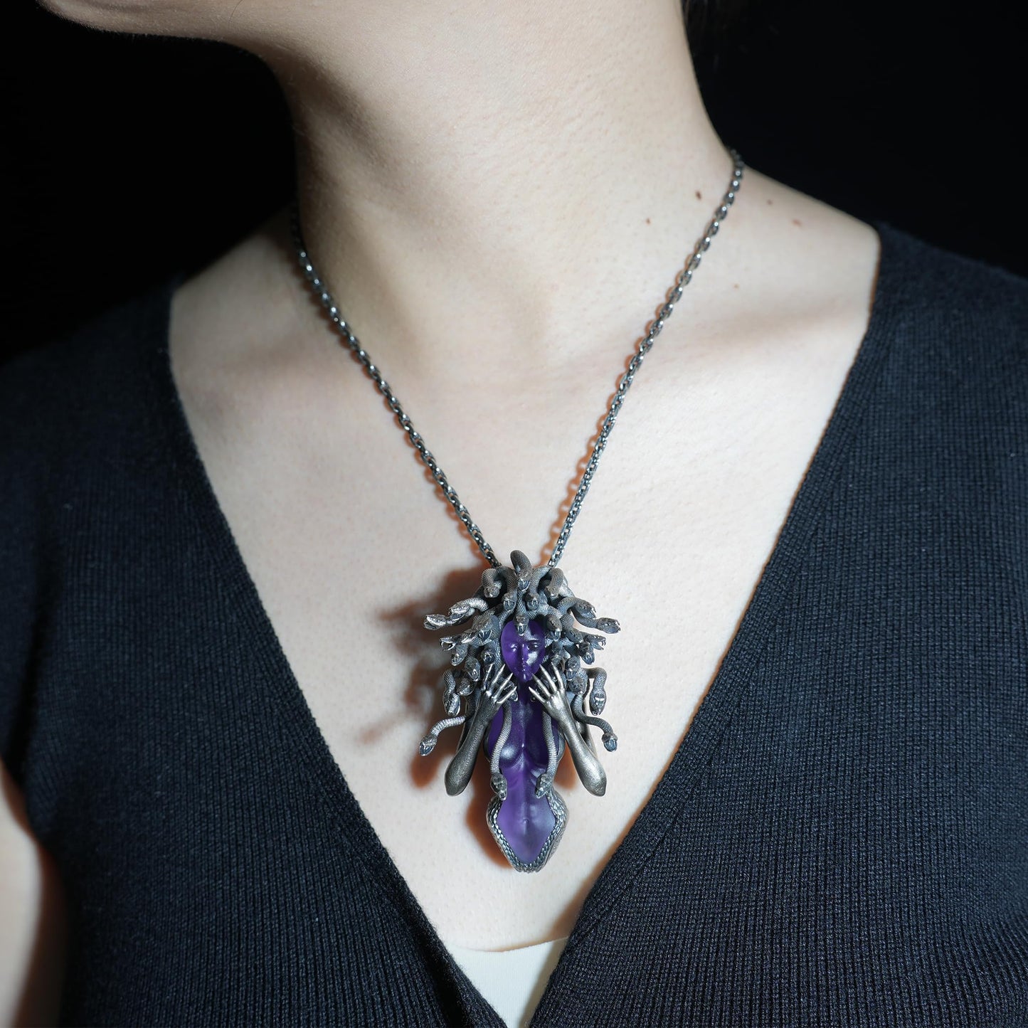 Amethyst Snake Pendant in 925 Silver | Handmade Gothic Sculpture Necklace | Mystical Art Jewelry Gift for Her