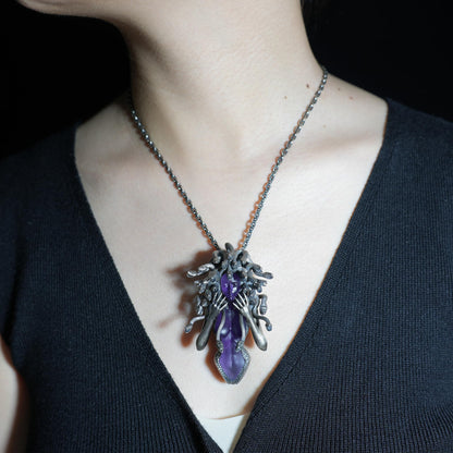 Amethyst Snake Pendant in 925 Silver | Handmade Gothic Sculpture Necklace | Mystical Art Jewelry Gift for Her