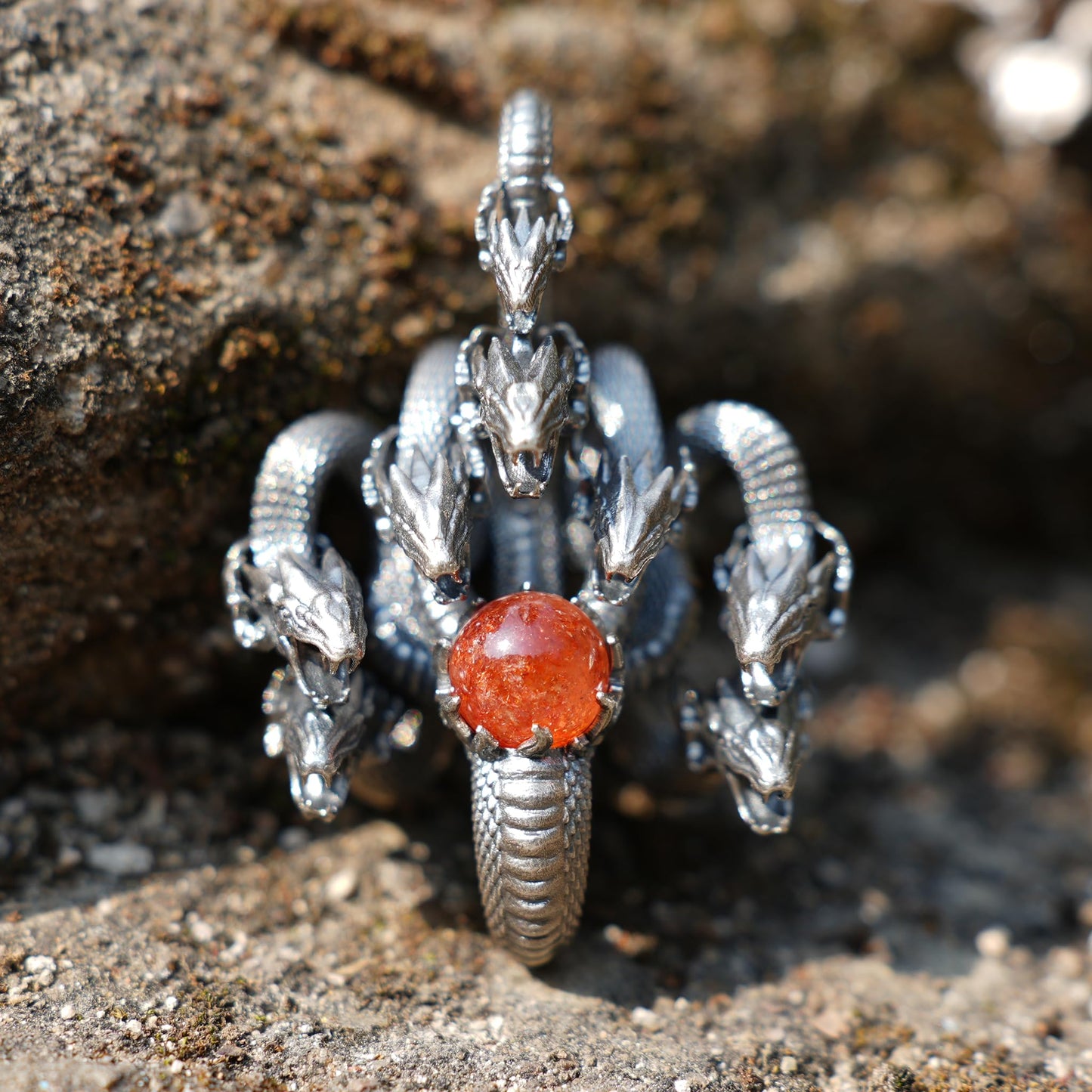 Eight-Headed Serpent Pendant | Handmade 925 Silver Mythical Jewelry | Yamata no Orochi Amulet with Golden Quartz | Japanese Power Symbol