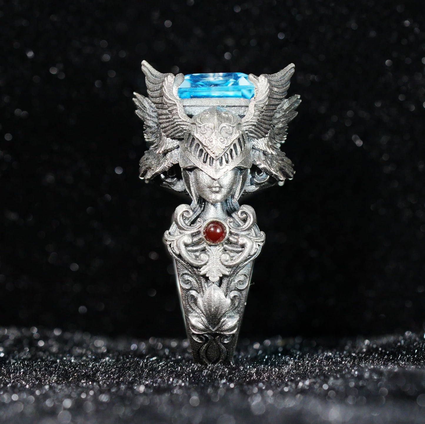 Valkyrie Ring in 925 Sterling Silver with Blue Topaz | Handmade Norse Goddess Jewelry