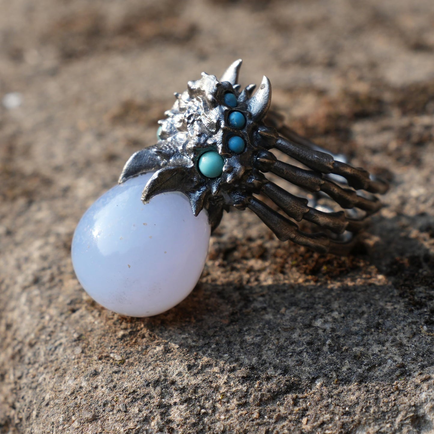 Shadow Claw Agate Ring | Gothic 925 Silver Statement Ring with Agate & Turquoise | Handmade Fantasy Jewelry Gift