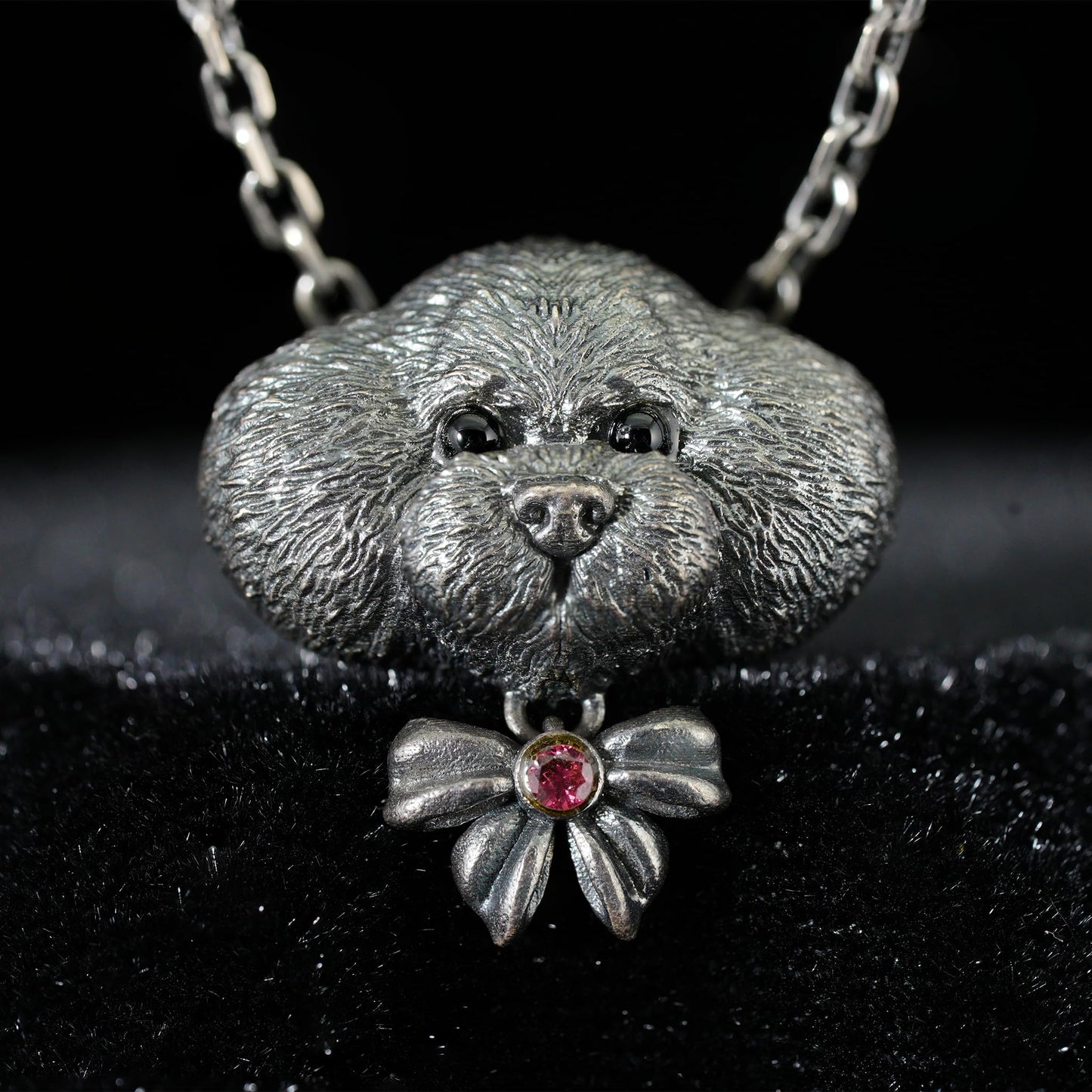 925 Sterling Silver Dog Pendant with Black Onyx & Red Zircon | Handmade Guardian Amulet Necklace | Fantasy Dreamkeeper Jewelry Gift
