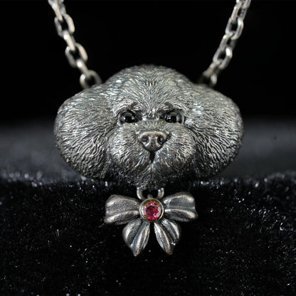 925 Sterling Silver Dog Pendant with Black Onyx & Red Zircon | Handmade Guardian Amulet Necklace | Fantasy Dreamkeeper Jewelry Gift