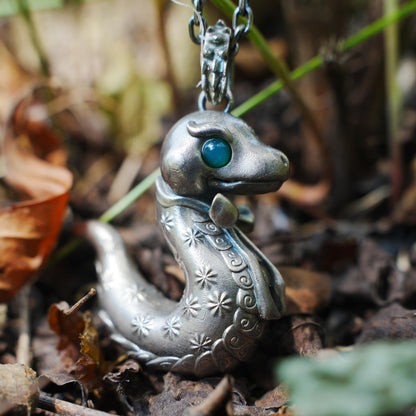 925 Sterling Silver Snake Pendant with Green Chalcedony | Handcrafted Fantasy Totem Amulet | Emotional Guardian Jewelry Gift