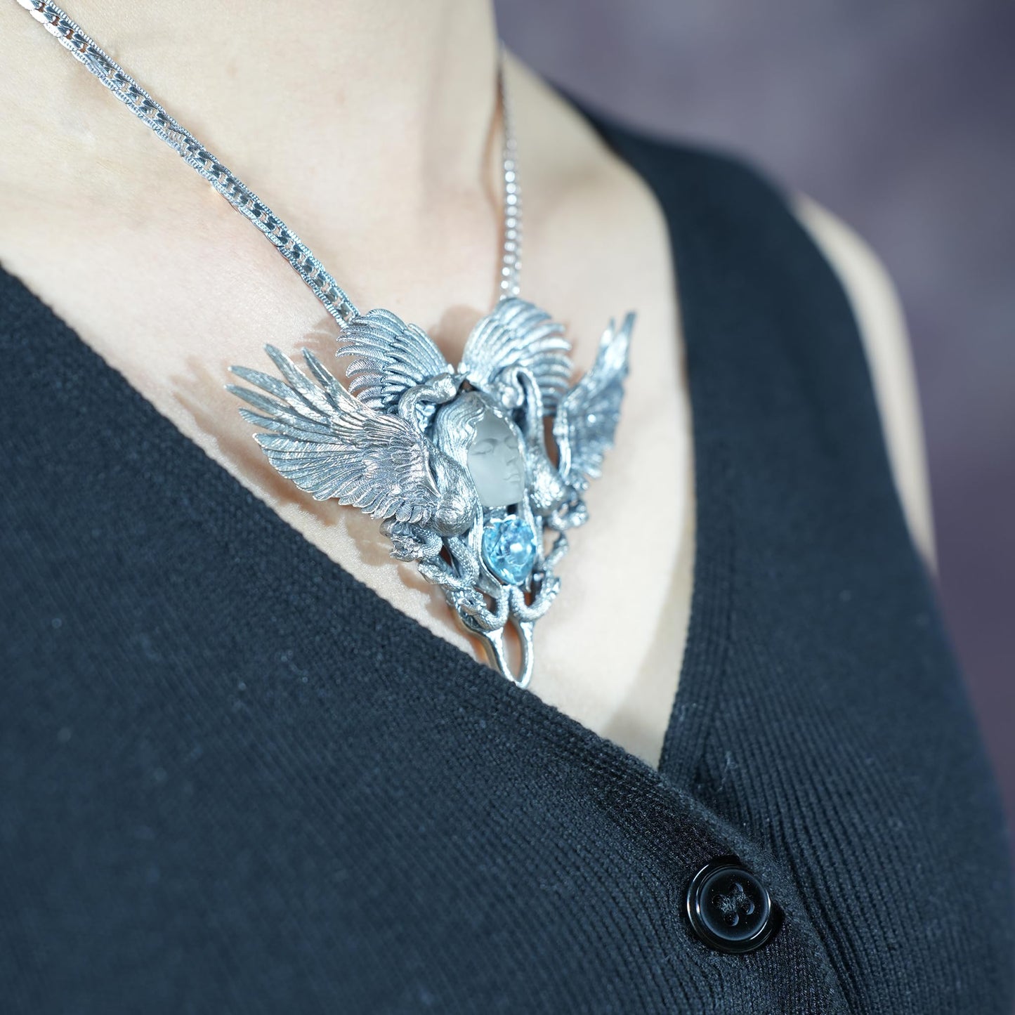 Forest Goddess Pendant | 925 Sterling Silver Handmade Jewelry | White Crystal & Sky Blue Topaz Amulet | Symbol of Purity & Protection