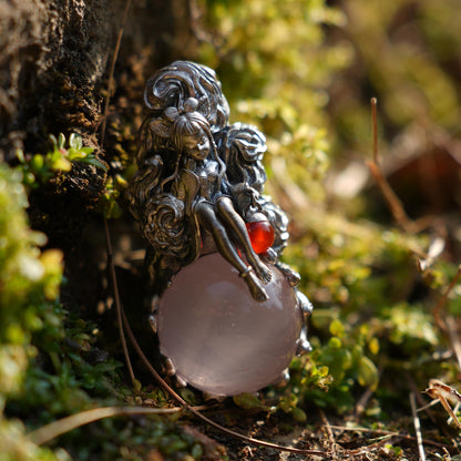 Rose Quartz Pendant with Carnelian Lantern | 925 Sterling Silver Healing Necklace | Handmade Fantasy Amulet Gift for Women & Wiccan Souls