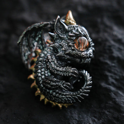 Sleeping Baby Dragon Pendant | Sterling Silver Mythical Creature Jewelry | Gold Rutilated Quartz Eye | Fantasy Amulet Gift for Protection
