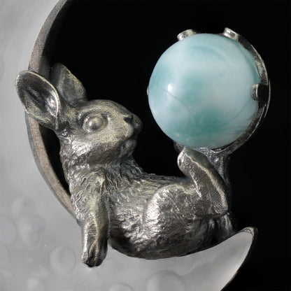 Rabbit Pendant with Larimar & White Quartz Moon | Handcrafted Fantasy Jewelry | Celestial Totem Gift for Serenity