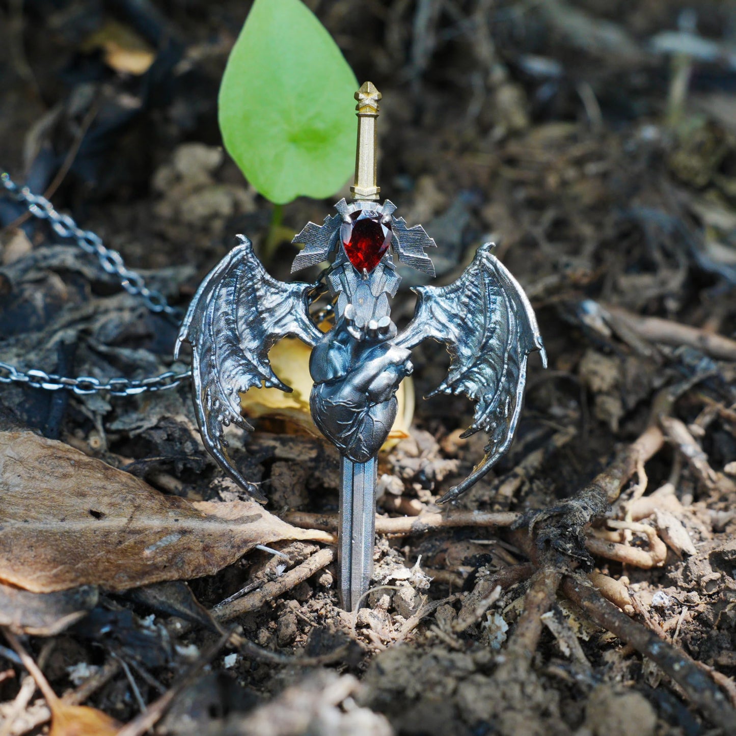 Guardian Heartblade Necklace in 925 Sterling Silver | Garnet Heart Pendant Symbolizing Vitality & Courage | Handmade Gothic Jewelry Gift