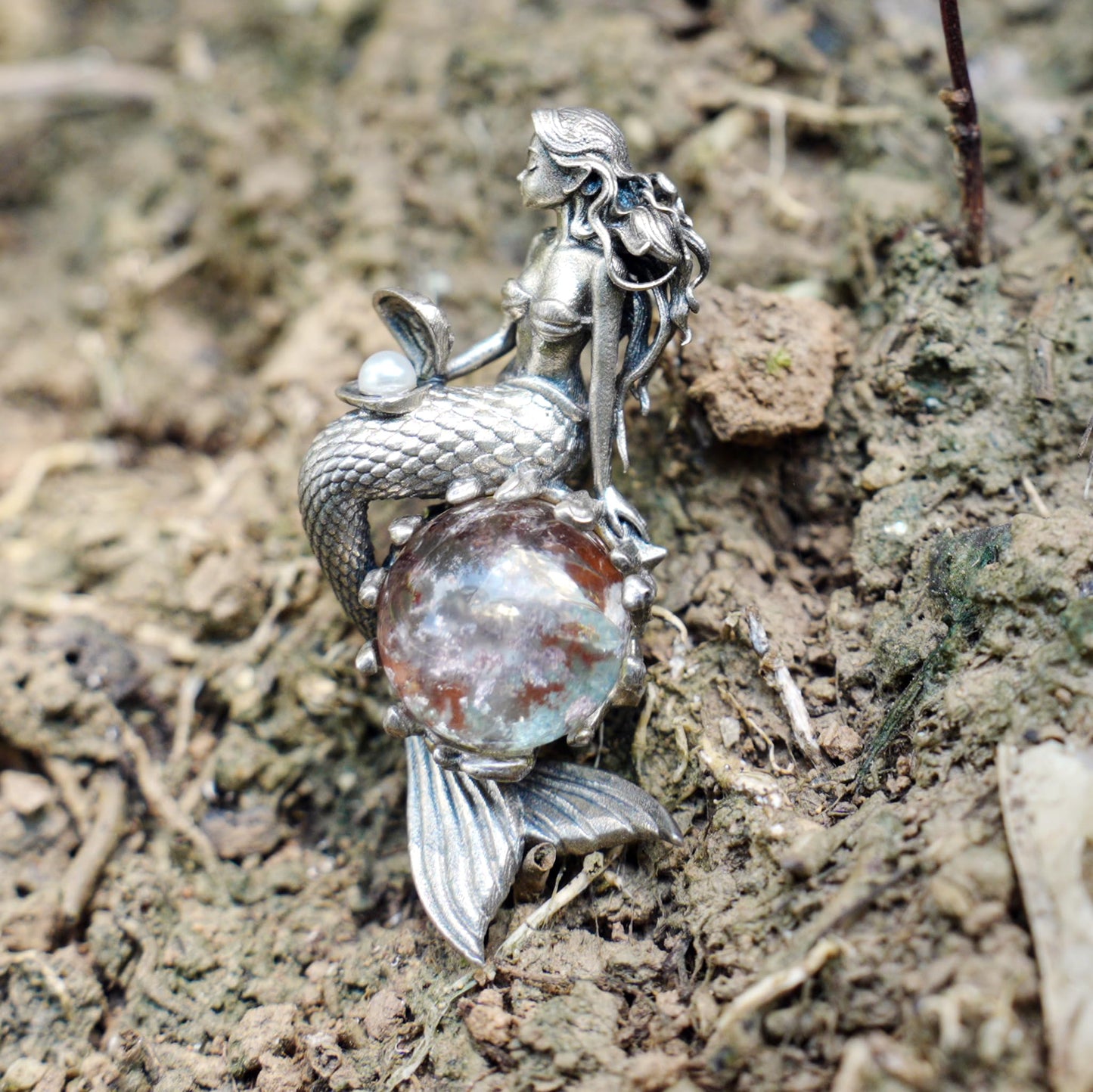 925 Silver Mermaid Pendant with Phantom Quartz & Pearl | Handmade Ocean Fantasy Amulet Necklace | Mythical Sea Spirit Jewelry Gift