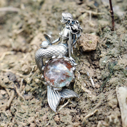925 Silver Mermaid Pendant with Phantom Quartz & Pearl | Handmade Ocean Fantasy Amulet Necklace | Mythical Sea Spirit Jewelry Gift