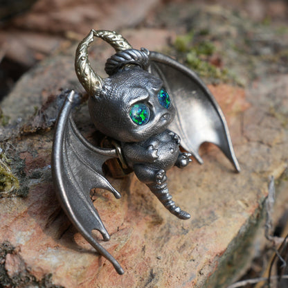 925 Silver Bat Pendant with Opal | Handmade Gothic Necklace | Fantasy Jewelry Gift for Halloween & Dark Art Lovers