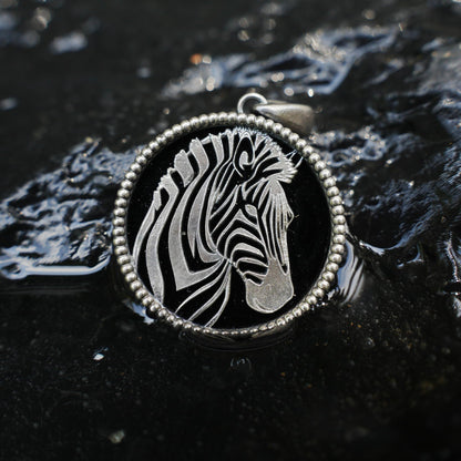 Wildlife Zebra Totem Necklace | 925 Sterling Silver Handcrafted Relief Medallion | Black-White Minimal Unisex Pendant | Double-Sided Design