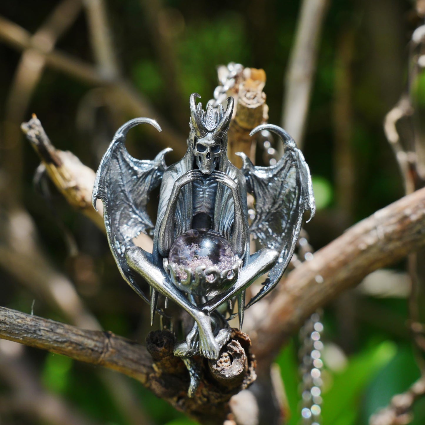 Gothic pendant with ghost crystal in oxidized 925 silver totem design gift for her statement necklace birthday