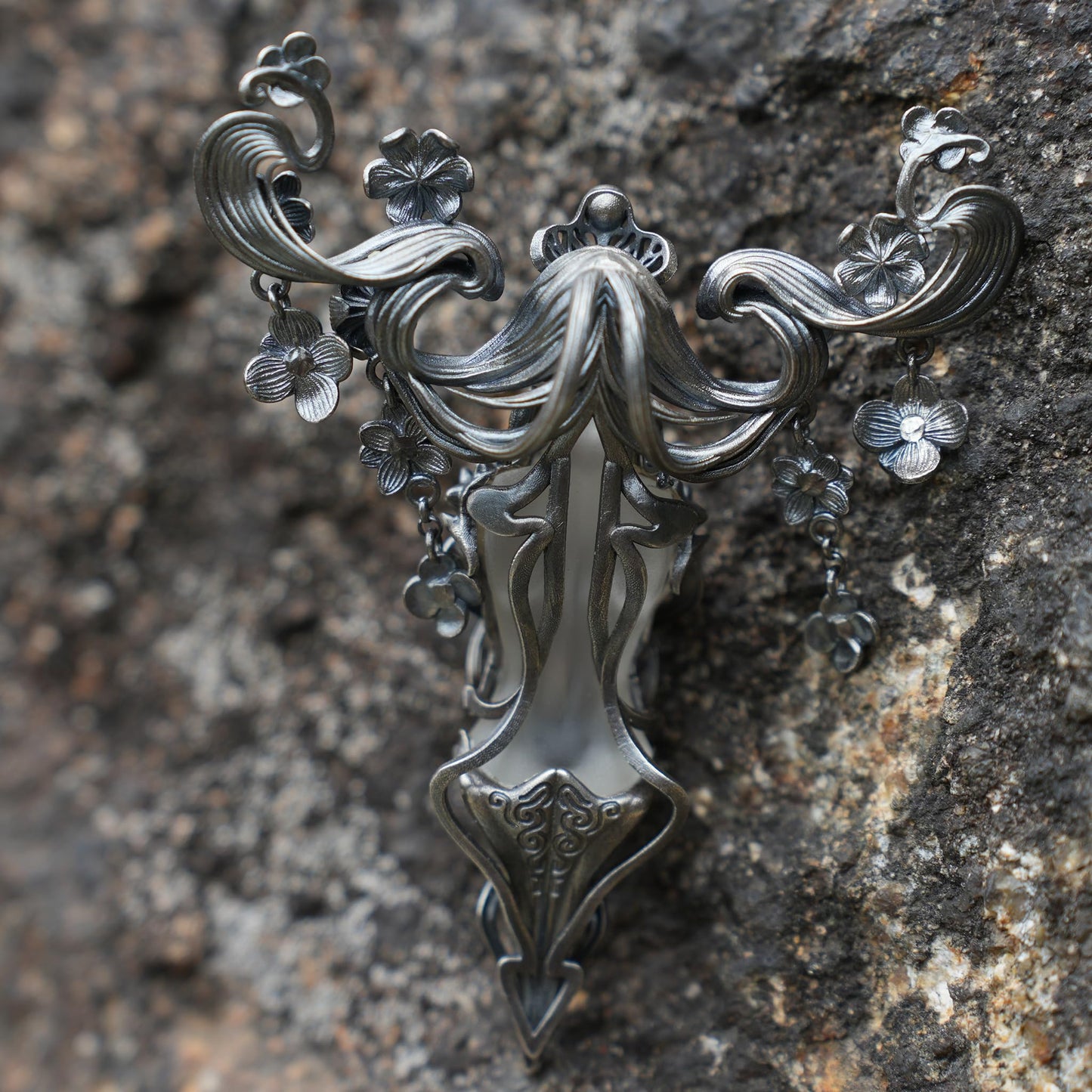 Goddess Flower Pendant with Onyx & Garnet | Handcrafted Art Nouveau Jewelry | Symbol of Beauty & Renewal