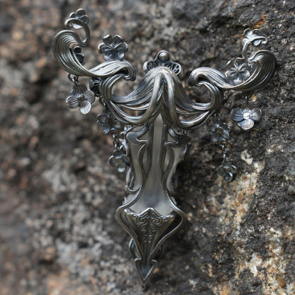 Goddess Flower Pendant with Onyx & Garnet | Handcrafted Art Nouveau Jewelry | Symbol of Beauty & Renewal