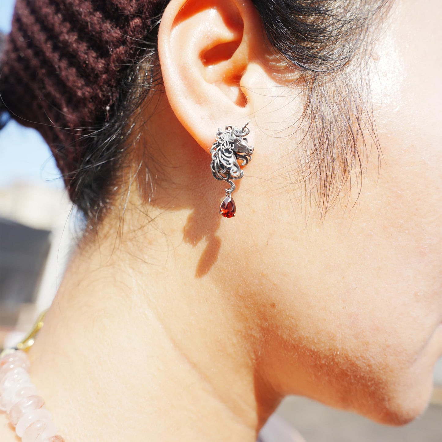 Unicorn Earrings with Garnet Drop | Handcrafted Celtic Fantasy Jewelry | Symbolic Gift of Vow & Protection