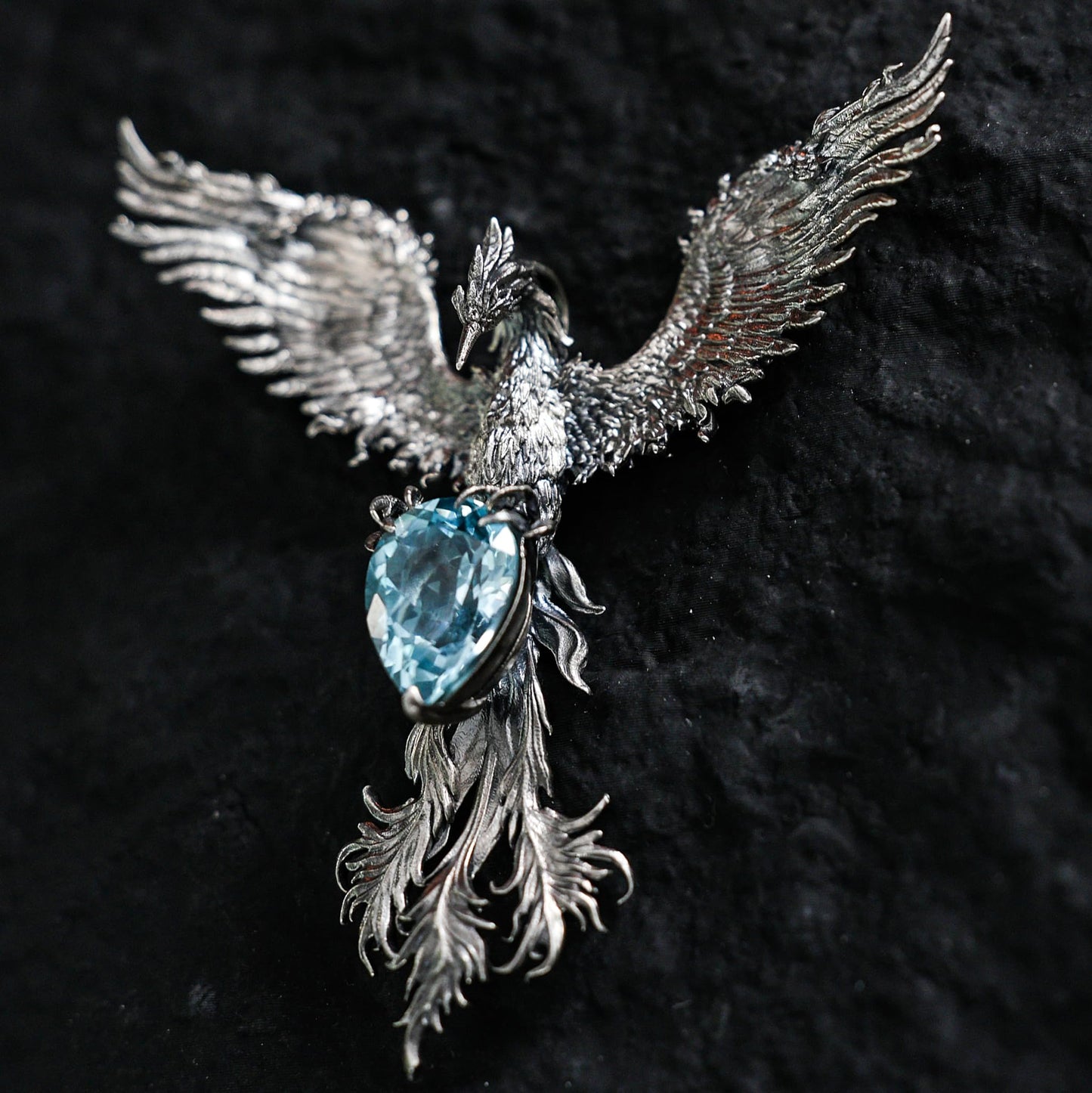 Handmade Phoenix Pendant Brooch | 925 Silver Jewelry with Aquamarine | Symbol of Rebirth & Strength | Gothic Fantasy Gift for Her