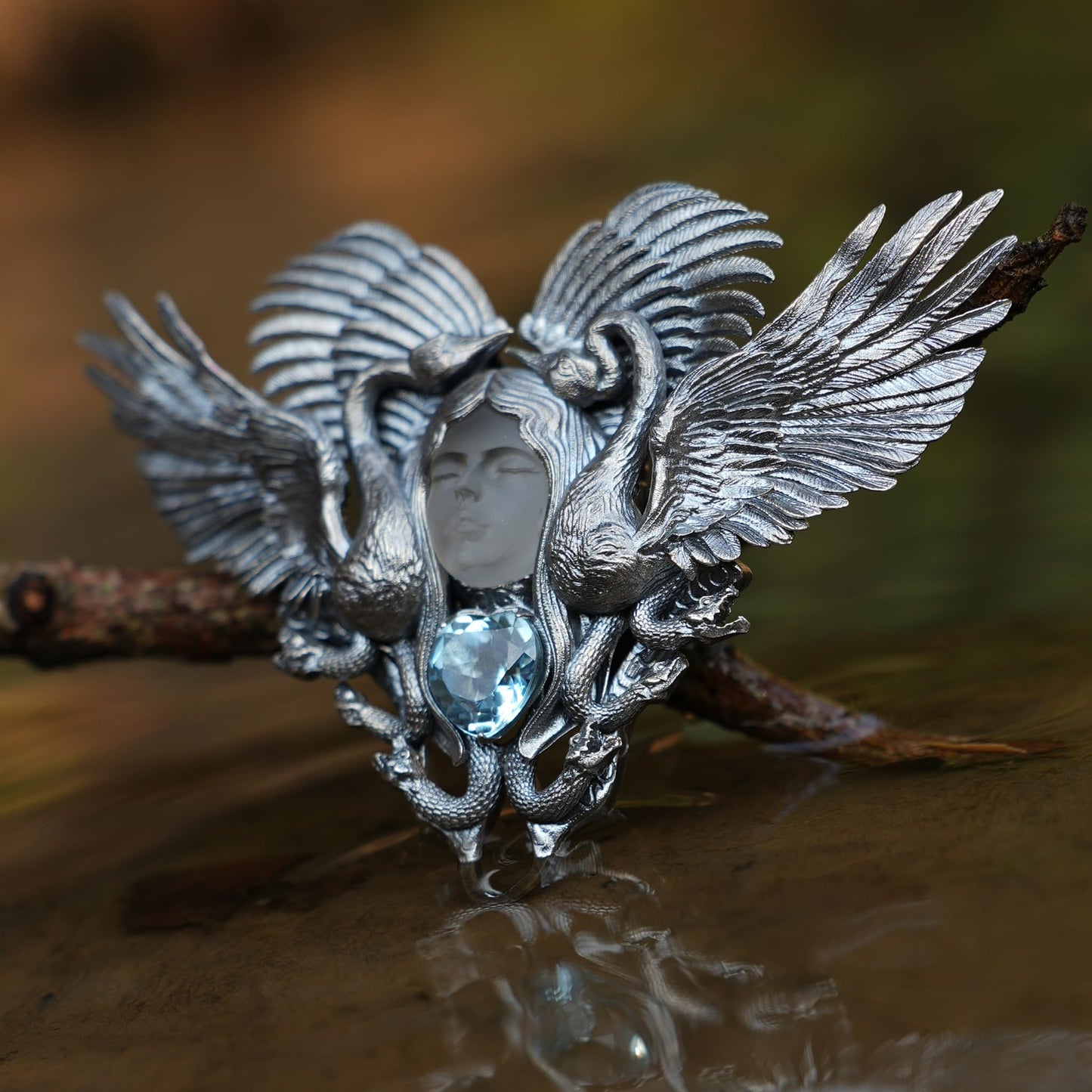 Forest Goddess Pendant | 925 Sterling Silver Handmade Jewelry | White Crystal & Sky Blue Topaz Amulet | Symbol of Purity & Protection