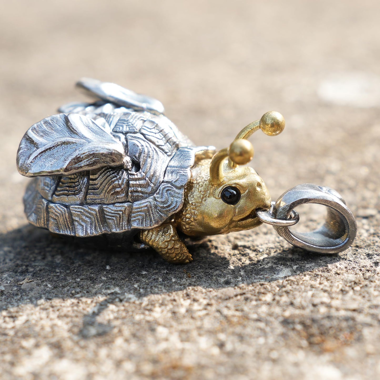 Flying Turtle Pendant | Handmade Silver & Brass Animal Amulet | Fantasy Jewelry Gift for Nature Lovers & Dreamy Souls