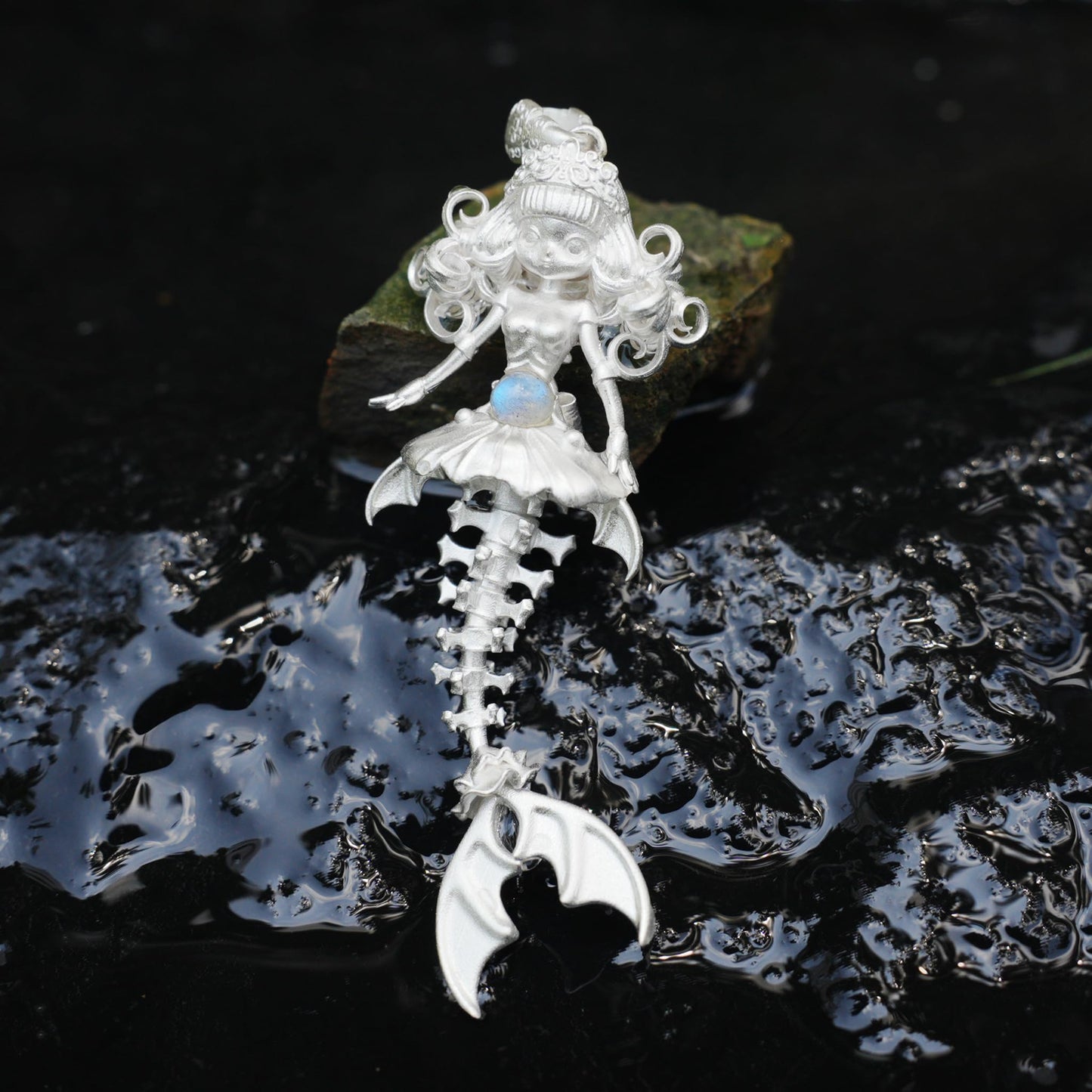 925 Sterling Silver Mermaid Skeleton Pendant with Labradorite | Handcrafted Ocean Amulet Necklace | Gothic Fantasy Jewelry Gift