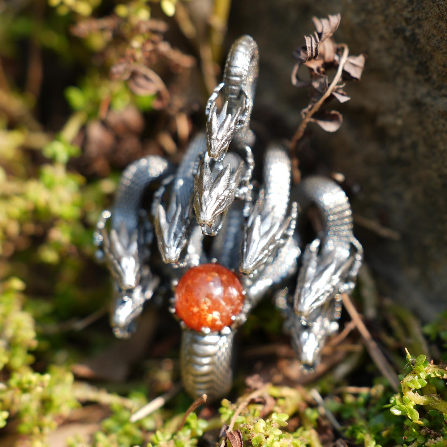 Eight-Headed Serpent Pendant | Handmade 925 Silver Mythical Jewelry | Yamata no Orochi Amulet with Golden Quartz | Japanese Power Symbol