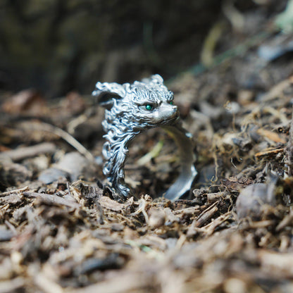 Fox Totem Ring in 925 Silver with Green Zircon Eyes | Handmade Spirit Guardian Animal Jewelry
