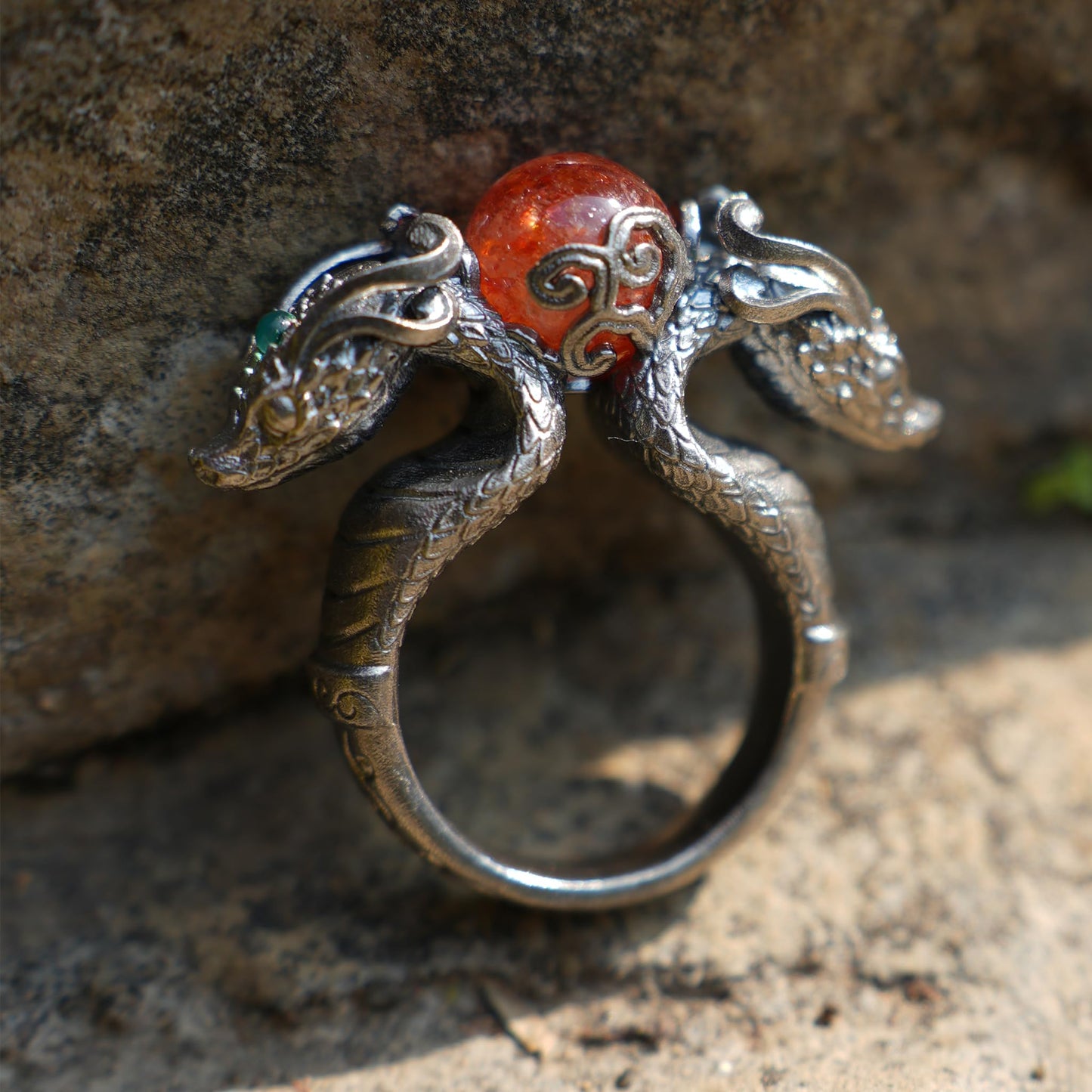 Dragon Ring with Sunstone & Emerald | Handmade 925 Silver Jewelry | Unique Fantasy Ring for Protection & Strength