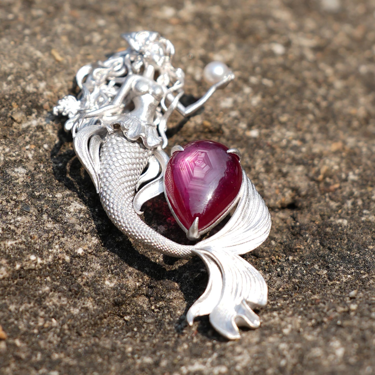 Mermaid Pendant Necklace with Star Ruby & Pearl | Handcrafted Ocean Fantasy Jewelry | Symbol of Love & Protection
