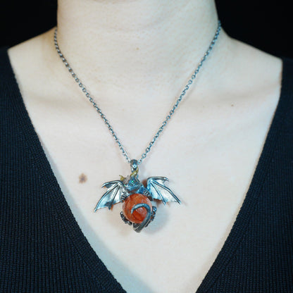 Dragon Pendant with Orange Crystal | Gothic Fantasy Necklace | Handmade Symbolic Talisman for Men & Women