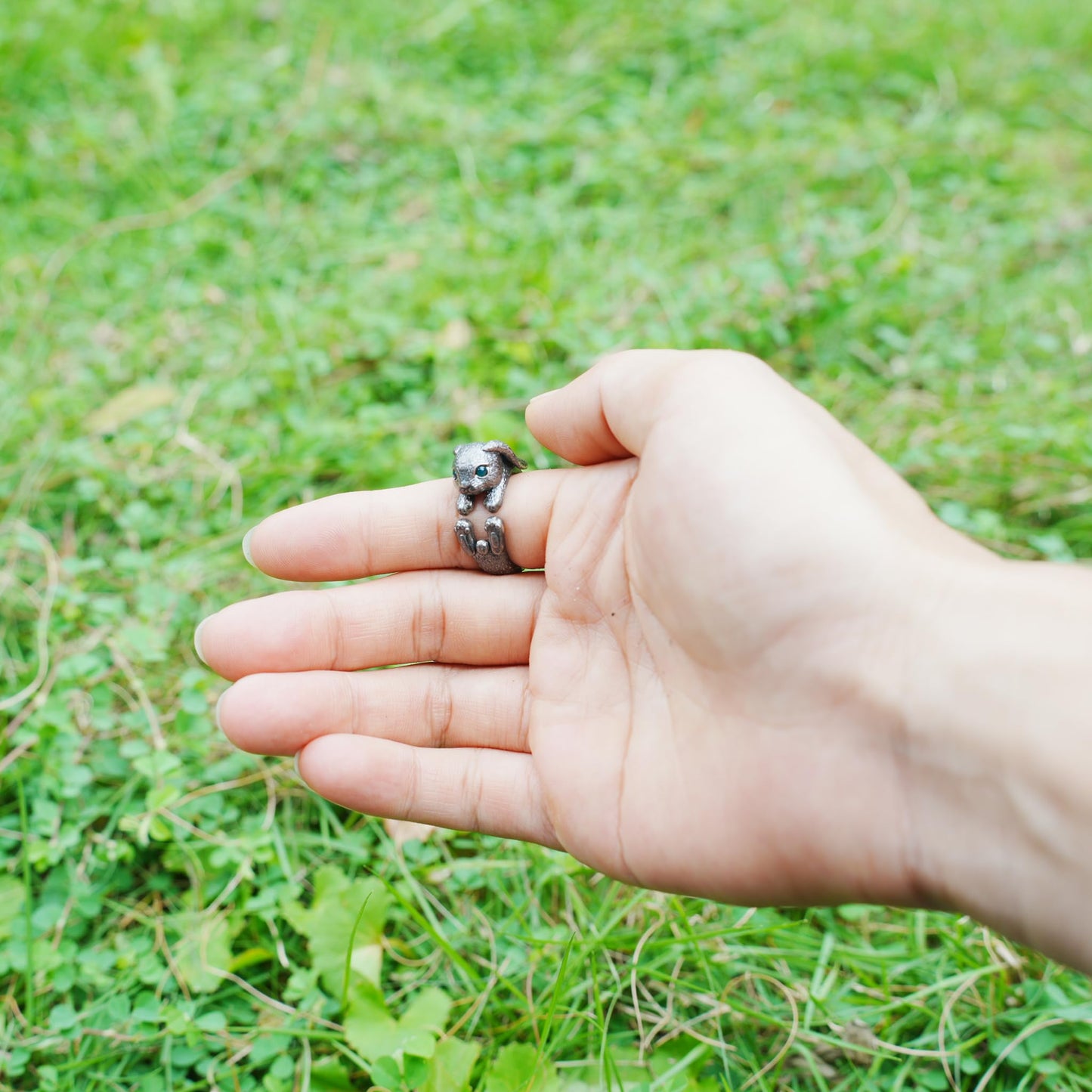 Handcrafted Rabbit Ring with Green Zircon, Spring Awakening Symbol, Unique Silver Jewelry