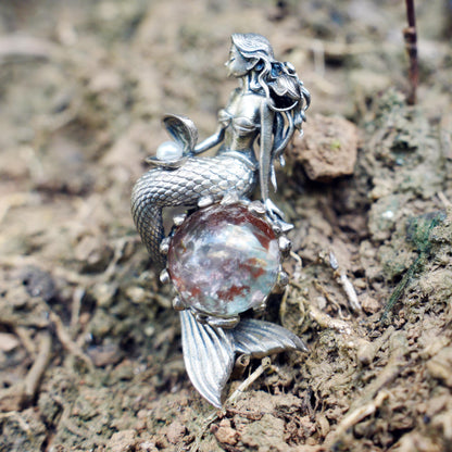 925 Silver Mermaid Pendant with Phantom Quartz & Pearl | Handmade Ocean Fantasy Amulet Necklace | Mythical Sea Spirit Jewelry Gift