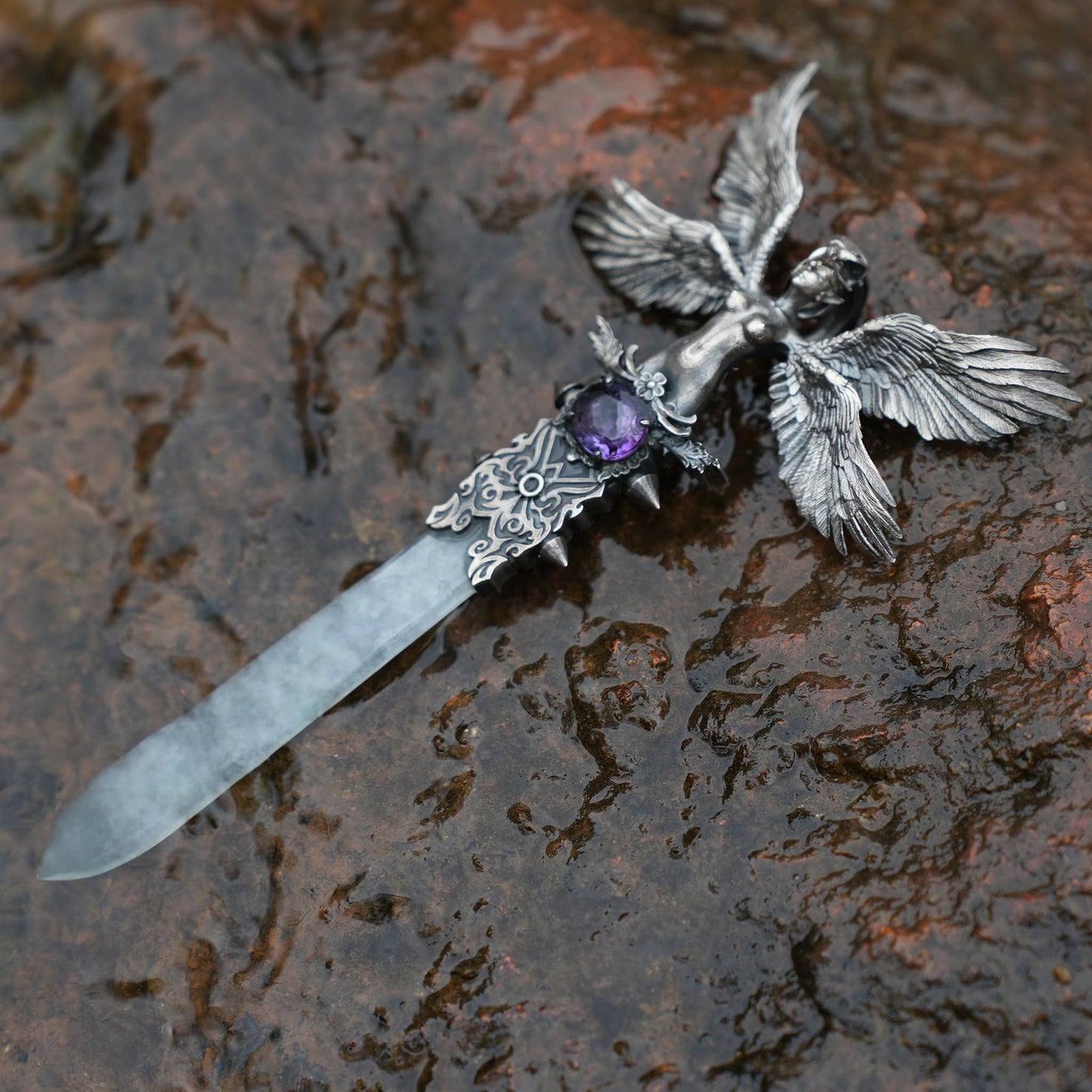 Handcrafted 925 Silver Winged Goddess Sword Pendant with Amethyst & Jade | Nordic Myth Fantasy Protection Amulet Jewelry