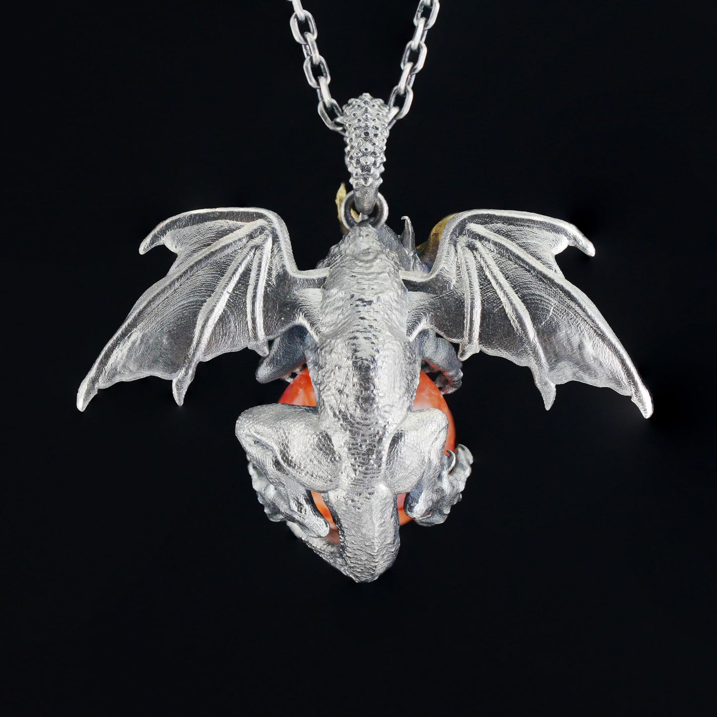 Dragon Pendant with Orange Crystal | Gothic Fantasy Necklace | Handmade Symbolic Talisman for Men & Women