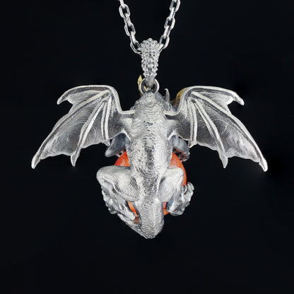 Dragon Pendant with Orange Crystal | Gothic Fantasy Necklace | Handmade Symbolic Talisman for Men & Women