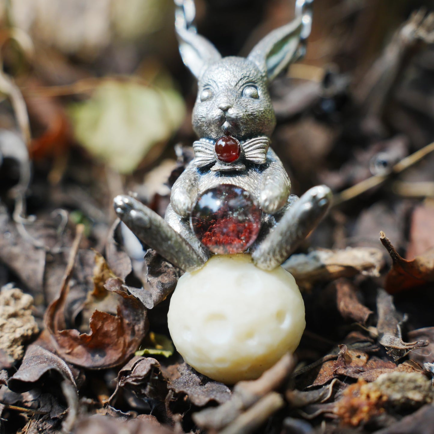 925 Sterling Silver Moon Rabbit Pendant with Red Agate & Phantom Quartz | Handmade Fantasy Necklace | Symbolic Spring Totem Jewelry Gift