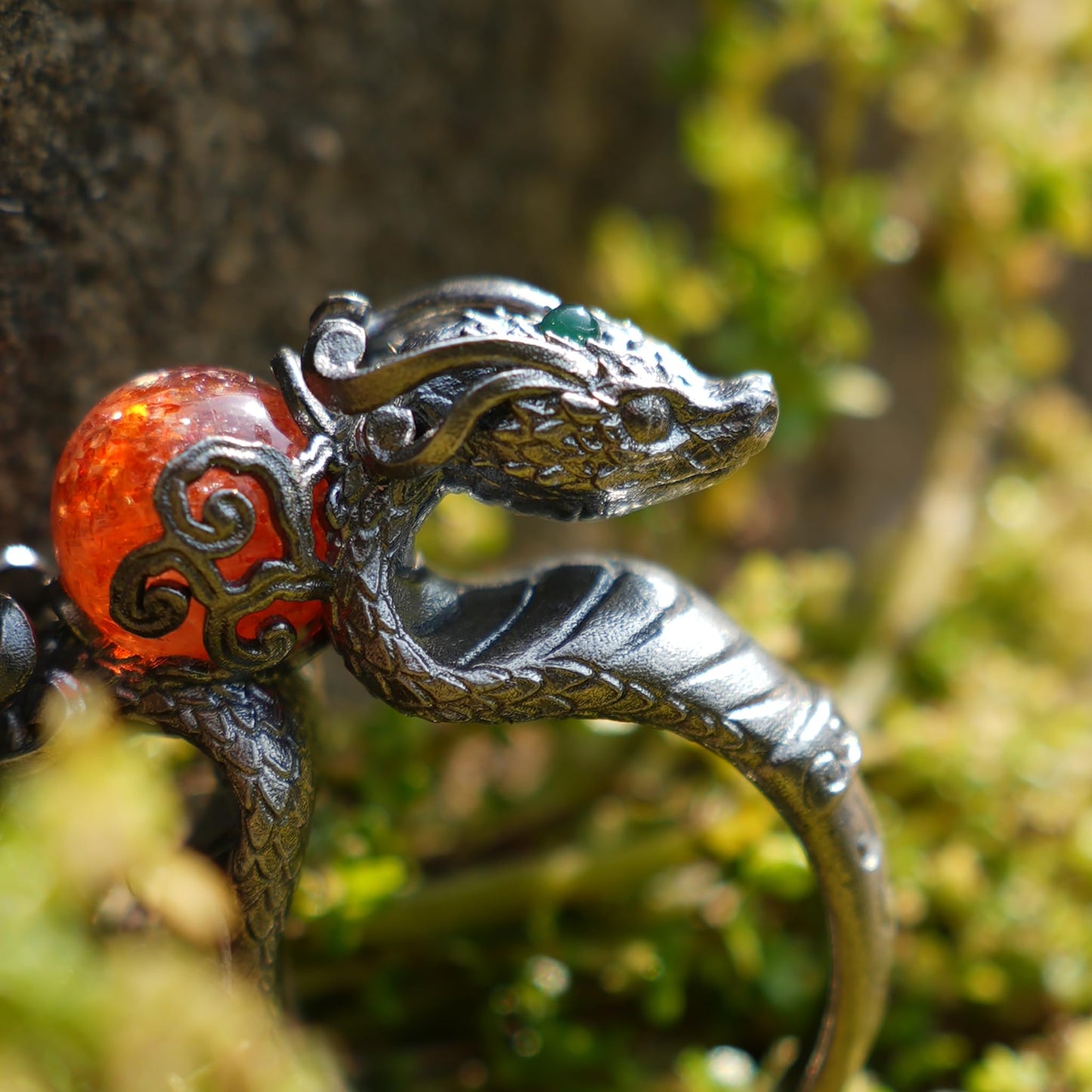 Dragon Ring with Sunstone & Emerald | Handmade 925 Silver Jewelry | Unique Fantasy Ring for Protection & Strength