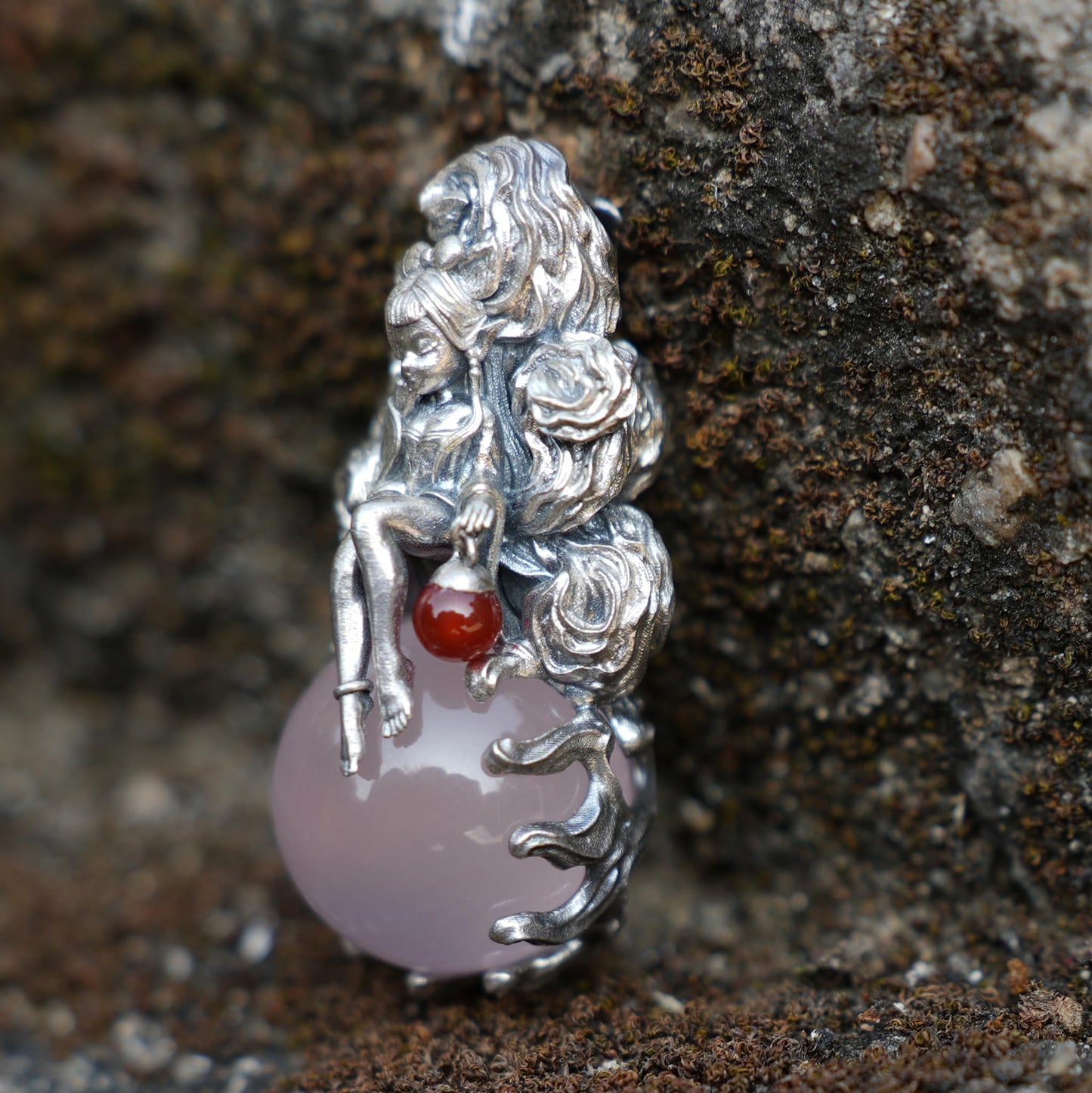 Rose Quartz Pendant with Carnelian Lantern | 925 Sterling Silver Healing Necklace | Handmade Fantasy Amulet Gift for Women & Wiccan Souls