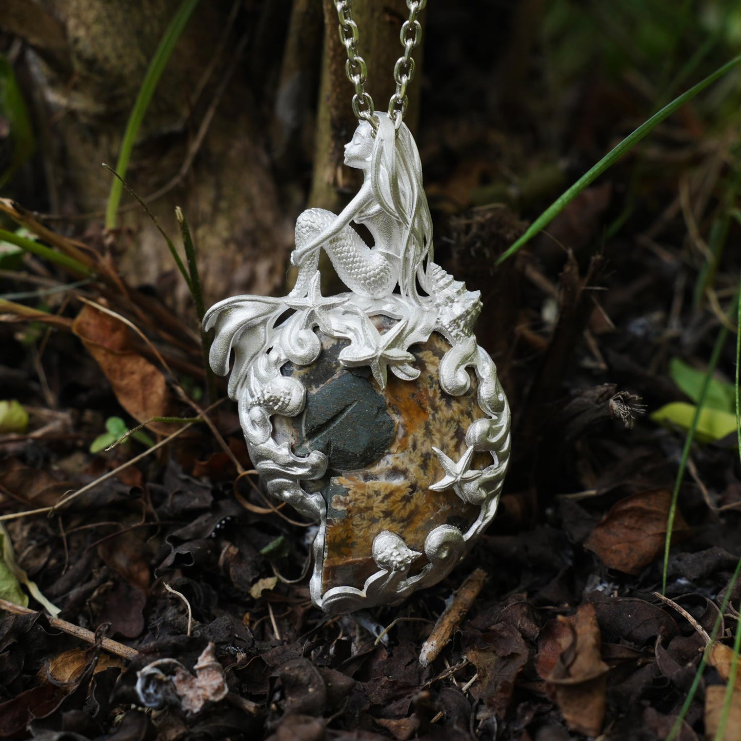 925 Sterling Silver Mermaid Pendant with Fossil Seashell | Handmade Ocean Amulet Necklace | Mythical Siren Jewelry Gift