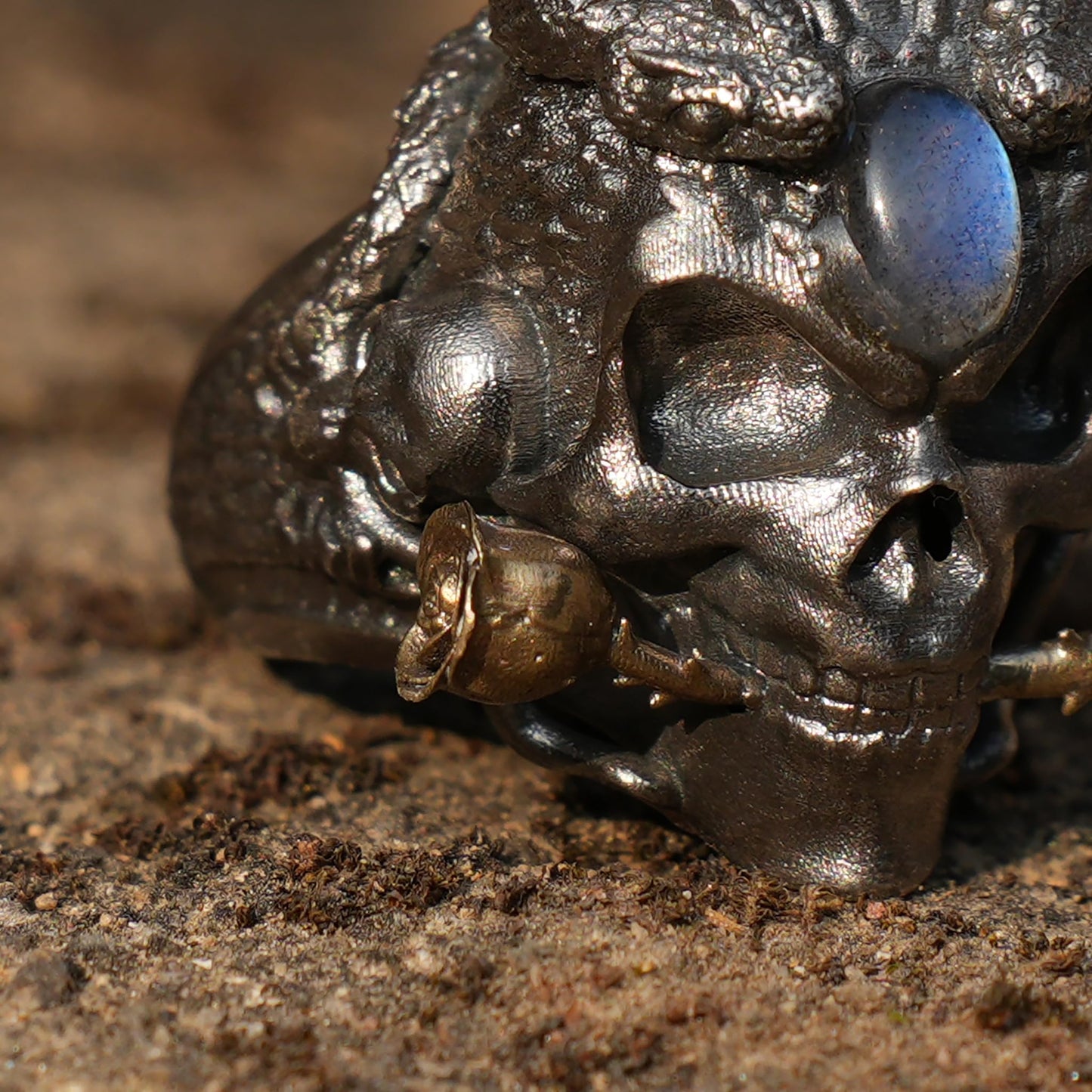 Underworld Guardian Ring, Skull Totem with Labradorite Eye, Horns of Judgment, Nordic Dark Mythology-Inspired Statement Jewelry