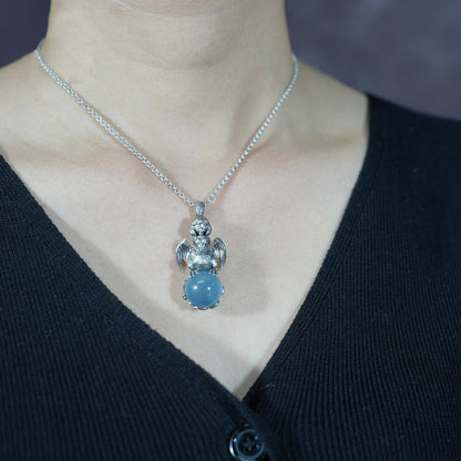 Mystical Harpy Pendant | 925 Sterling Silver Necklace with Aquamarine | Handmade Fantasy Jewelry Gift for Collectors & Myth Lovers