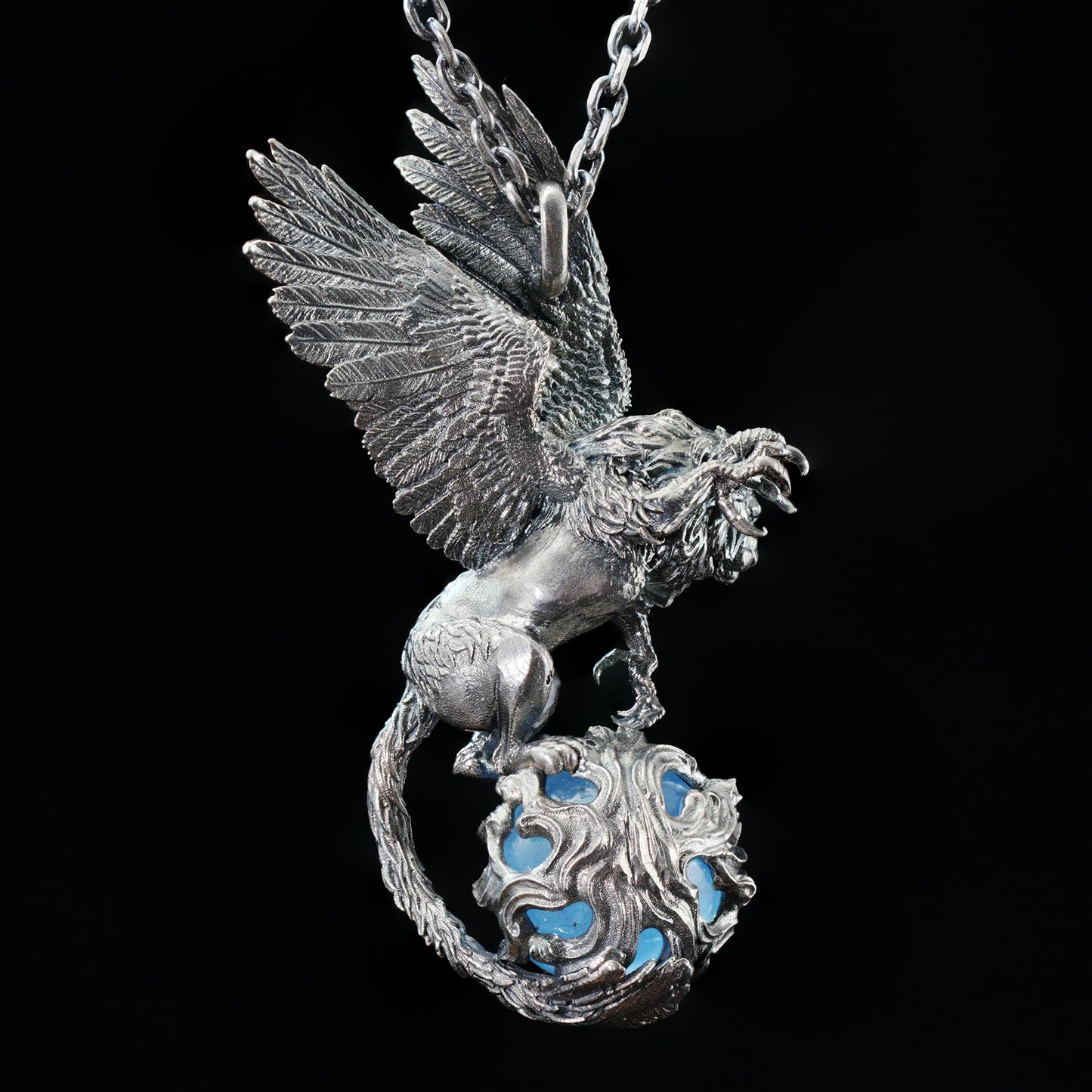 Winged Lion Pendant | 925 Sterling Silver & Aquamarine Necklace | Handmade Spiritual Jewelry of Wisdom & Protection | Gift for Him