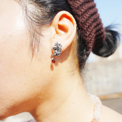 Unicorn Earrings with Garnet Drop | Handcrafted Celtic Fantasy Jewelry | Symbolic Gift of Vow & Protection