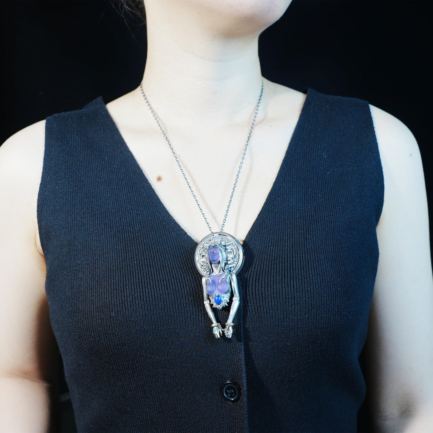 Cyber-Gothic Goddess Pendant | 925 Sterling Silver Necklace with Crystal or Amethyst | Feminist Power & Dark Fantasy Jewelry | Handmade Statement Gift