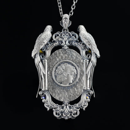 Handmade 925 Silver Victorian Cameo Necklace | Baroque Pendant with Two Parrots | Girl Relief in Rock Crystal | Vintage Craft