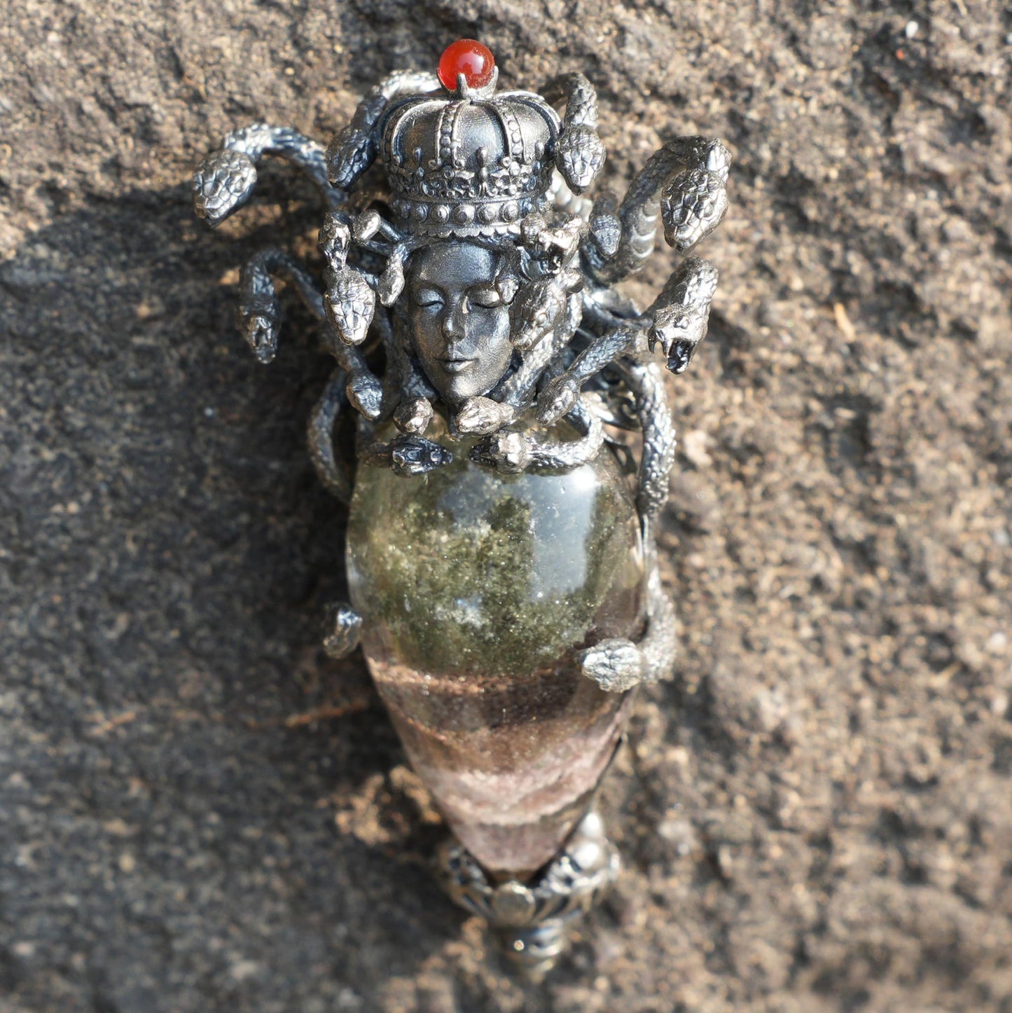 Medusa’s Gaze Pendant | 925 Sterling Silver & Phantom Quartz Necklace | Handcrafted Mythical Jewelry Gift for Fantasy & Art Lovers