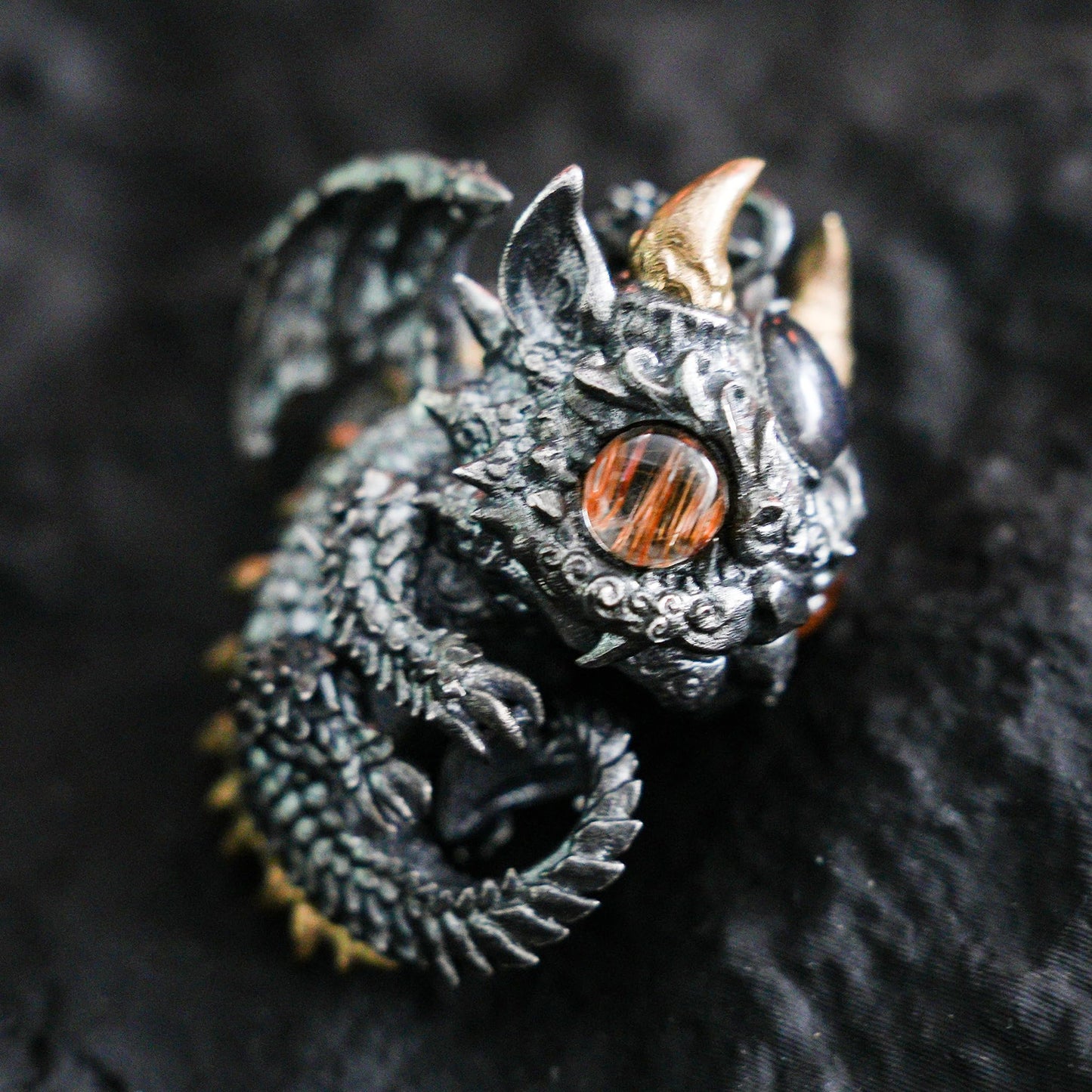 Sleeping Baby Dragon Pendant | Sterling Silver Mythical Creature Jewelry | Gold Rutilated Quartz Eye | Fantasy Amulet Gift for Protection